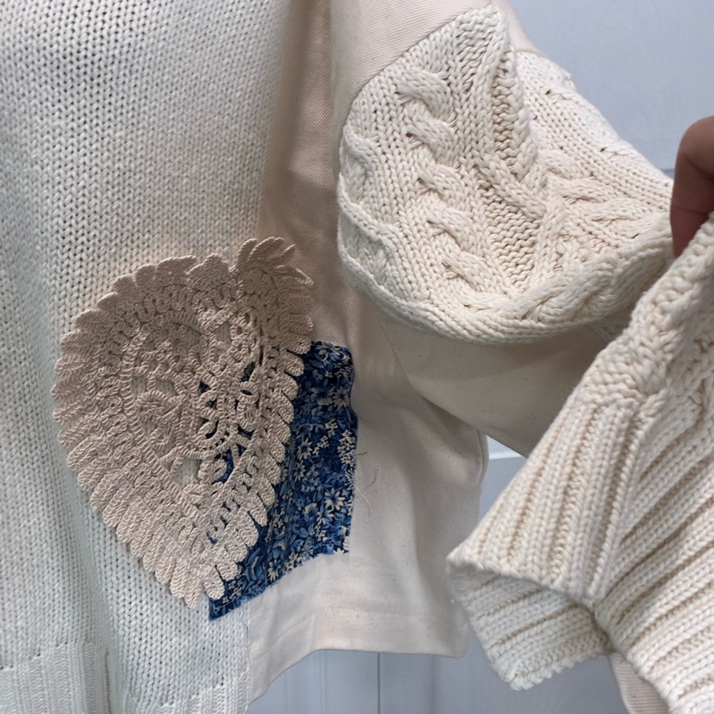 POL Cream V-Neck Sweater with Lace and Denim Accents - Picture 3 of 6